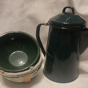 Classic Green Enamel Coffee Pot and Bowl Set